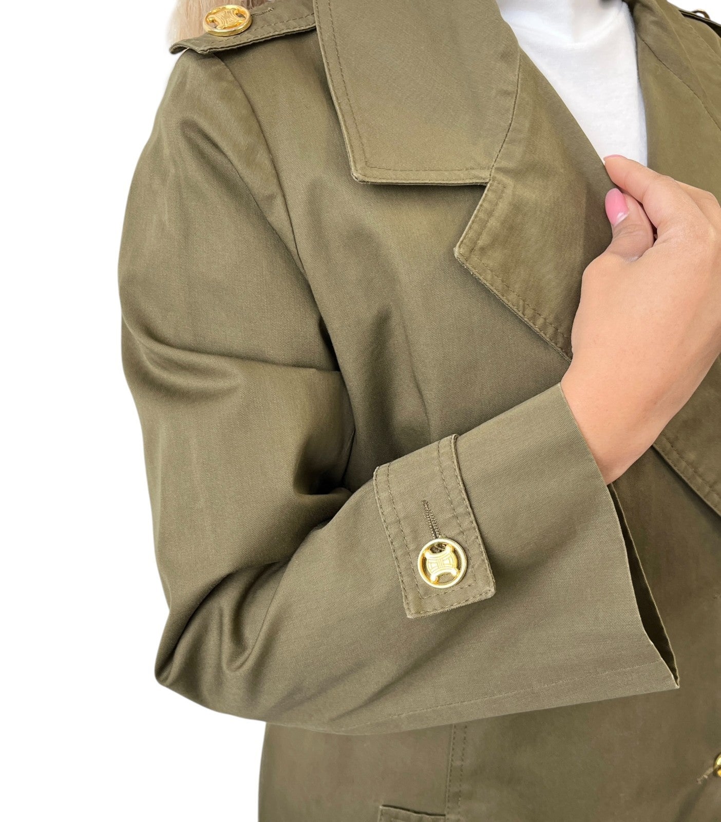 CELINE Vintage Macadam Logo Button Trench Coat Long Jacket Khaki Gold Cotton
