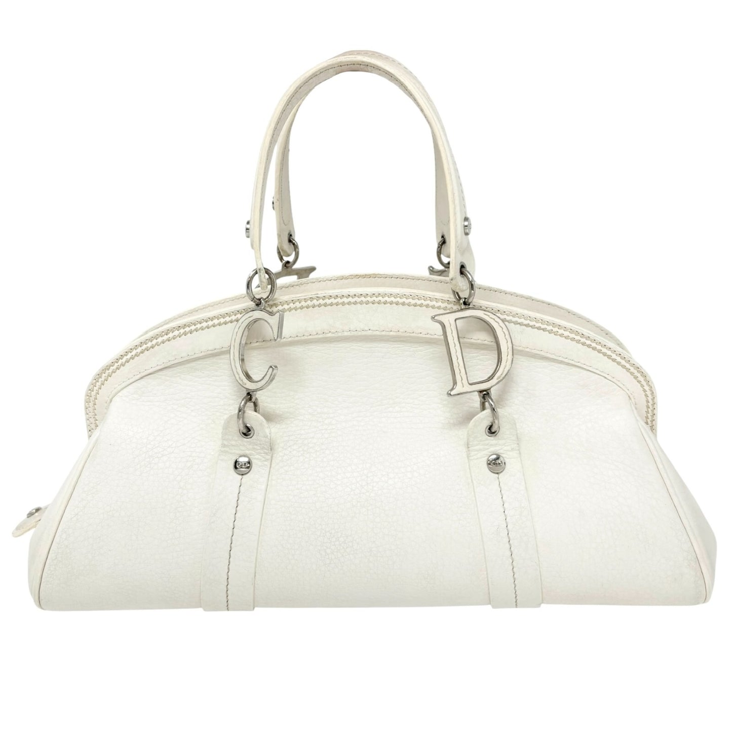 Christian Dior Vintage 2005 CD Logo Stitch Handbag White Silver Leather Rank AB