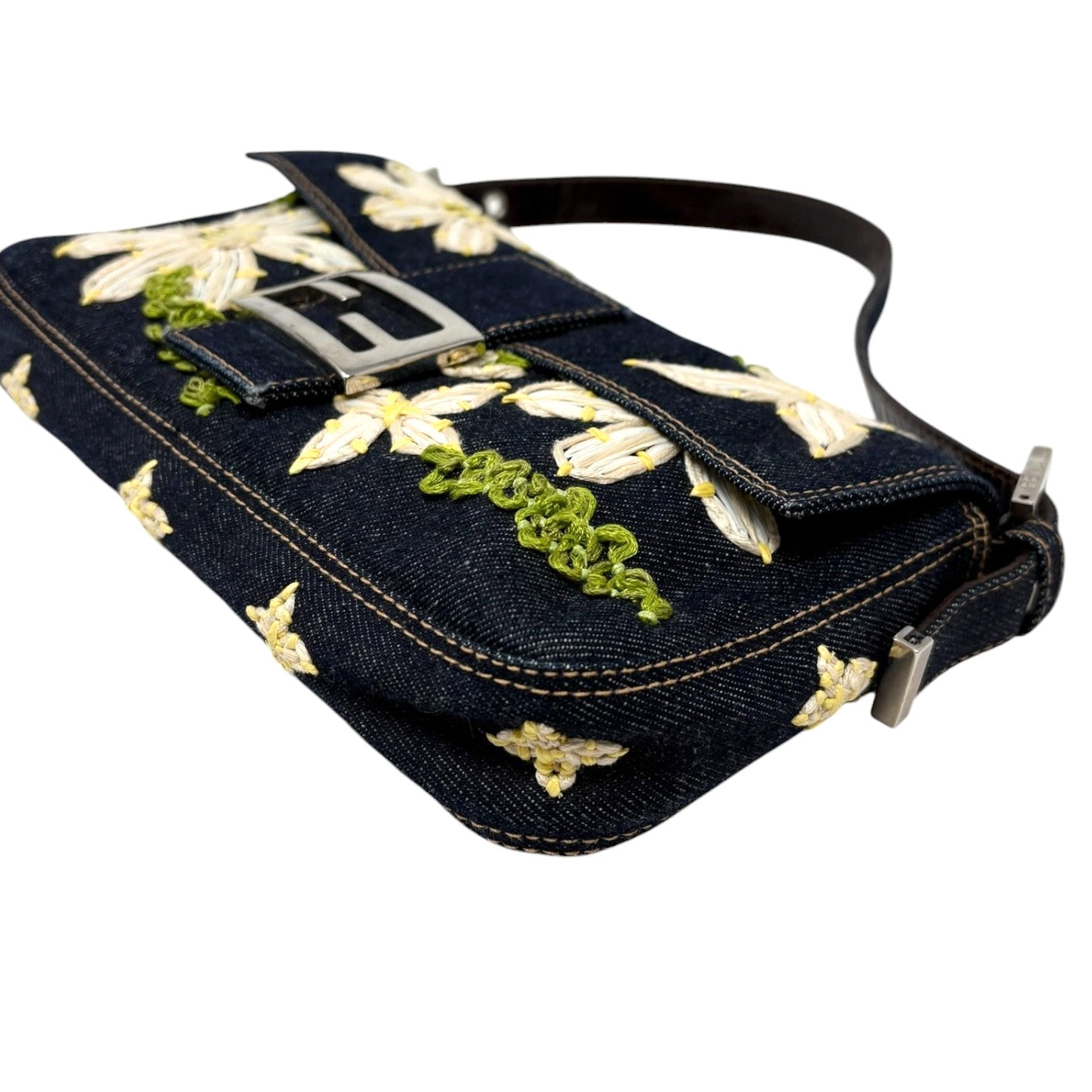 FENDI Vintage Mamma Baguette Denim Shoulder Bag Flower Blue Cotton 901871