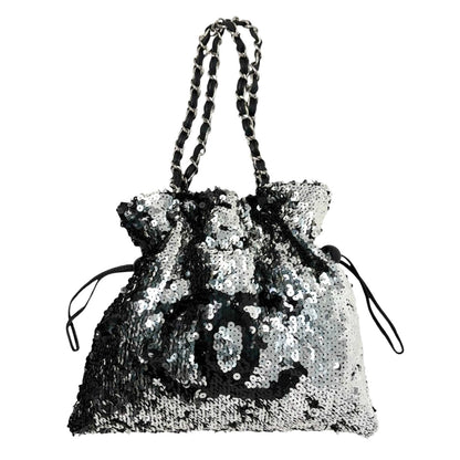 CHANEL Vintage CC Logo Sequins Chain Shoulder Bag Black Silver Leather 902342
