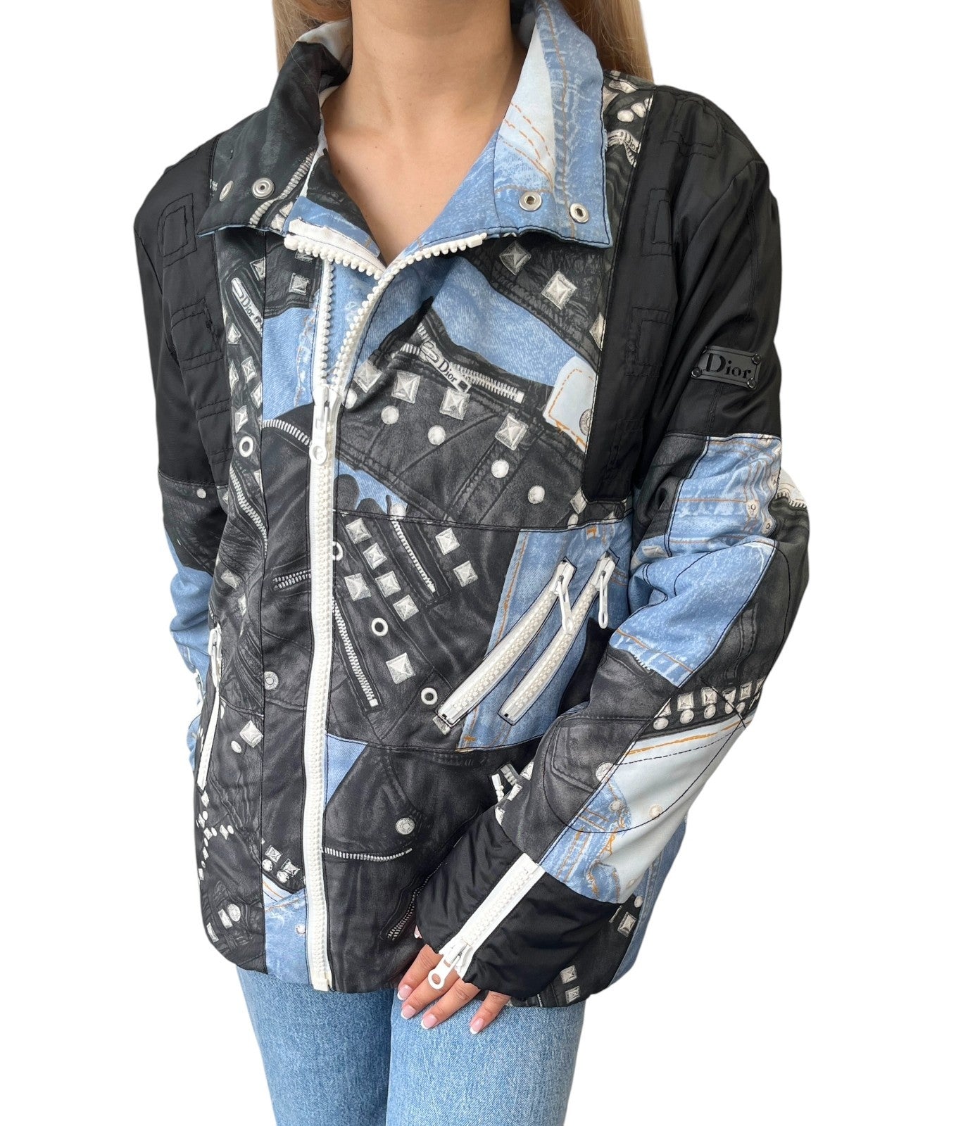 Christian Dior Vintage 2004 Logo Puffer Jacket Zip #44 Black Blue White Pocket