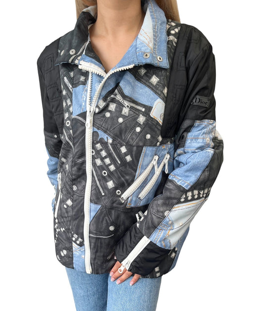 Christian Dior Vintage 2004 Logo Puffer Jacket Zip #44 Black Blue White Pocket