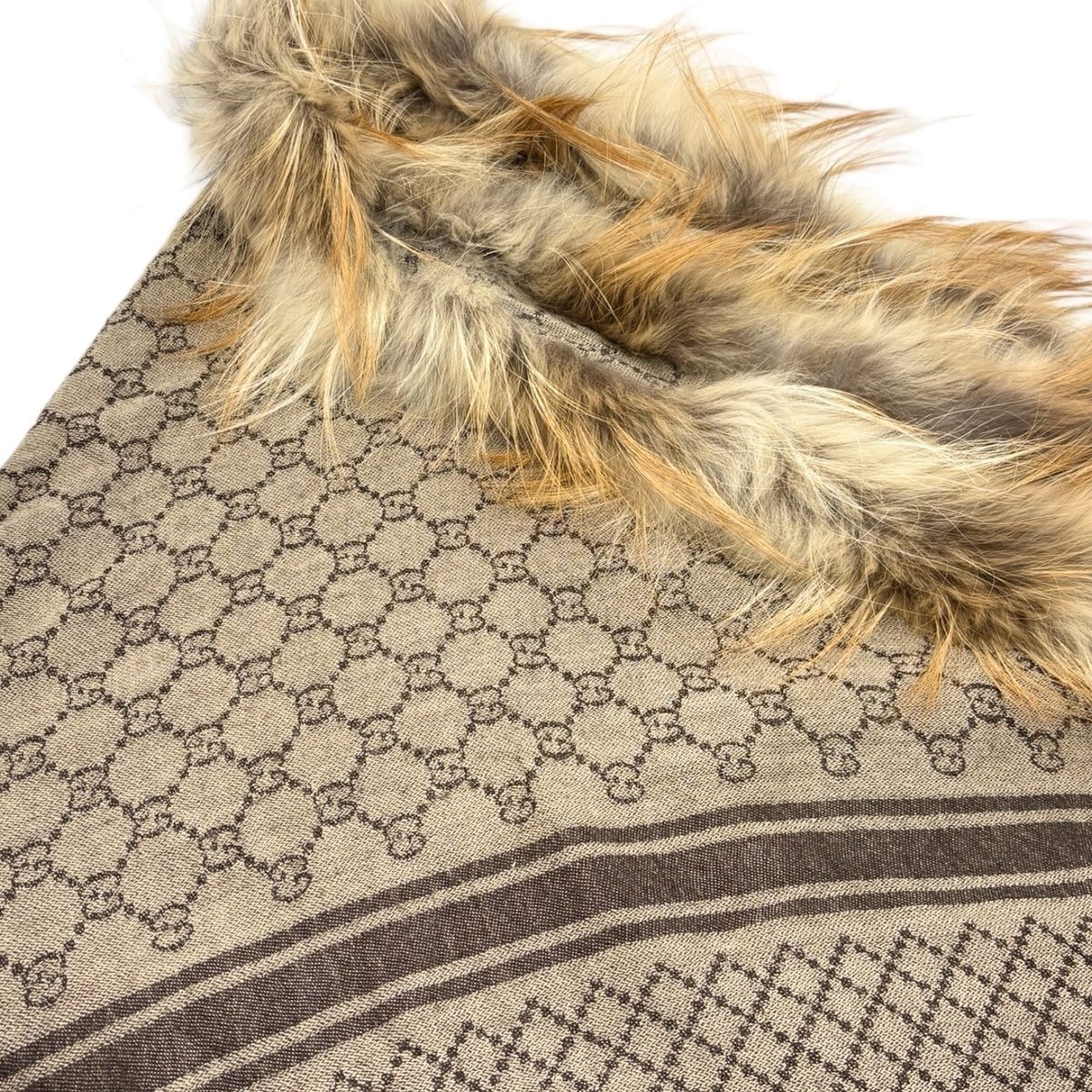 GUCCI Vintage GG Monogram Fox Fur Shawl Scarf Wrap Brown Gray Wool Silk 902842