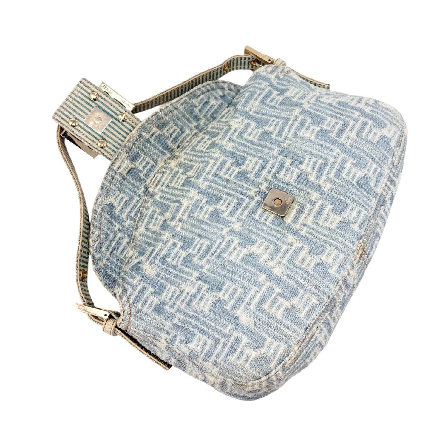 FENDI Vintage FF Zucca Monogram Denim Mamma Baguette Shoulder Bag Blue Gold