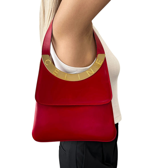 CELINE Vintage Logo Circle Flap 2way Shoulder Bag Red Gold Leather 902080