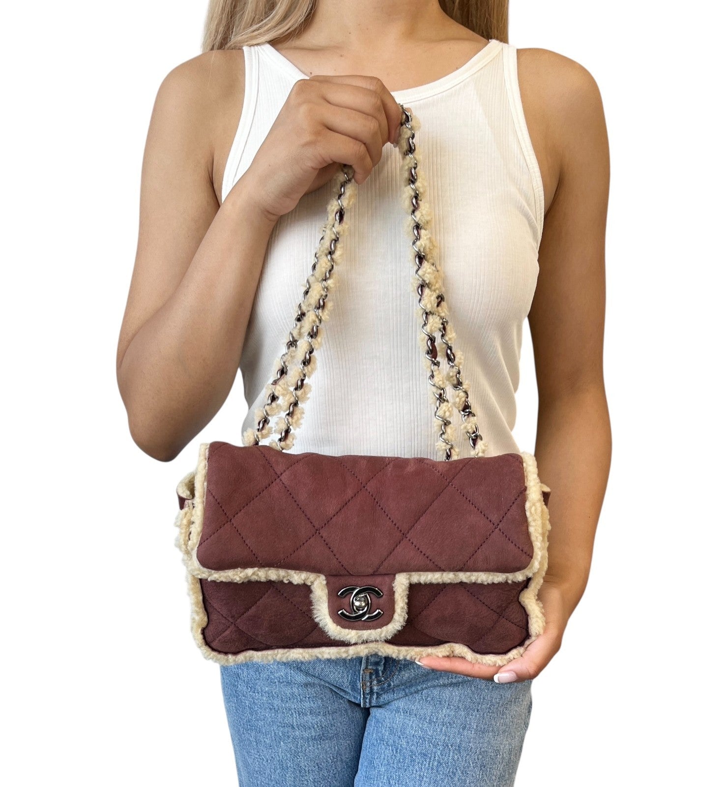 CHANEL Vintage CC Logo Mouton Matelasse Shoulder Bag Chain Brown Beige Suede