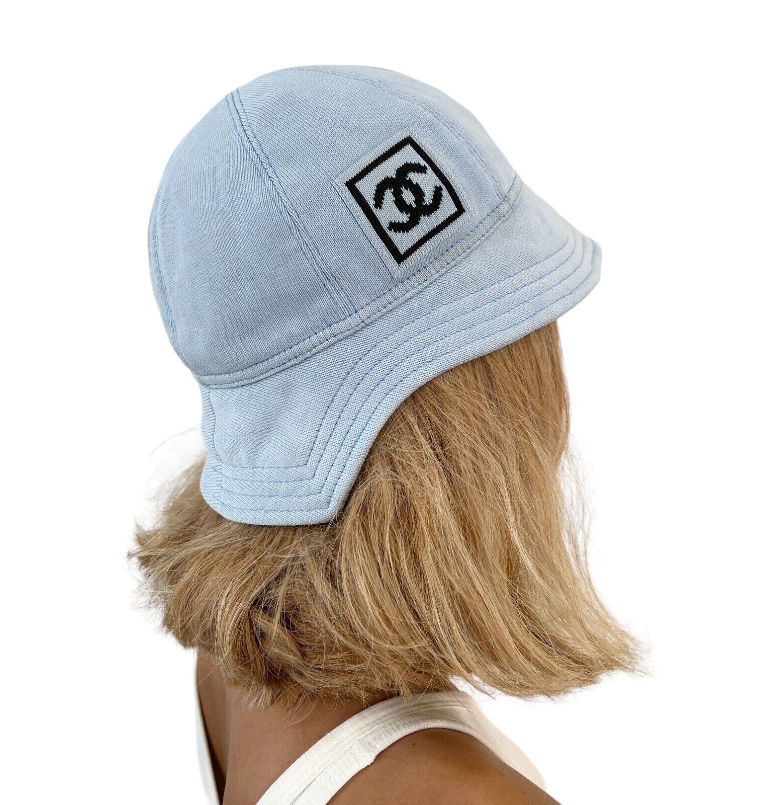 CHANEL Sport 03A Vintage CC Mark Logo Bucket Hat #M Light Blue Cotton RankAB