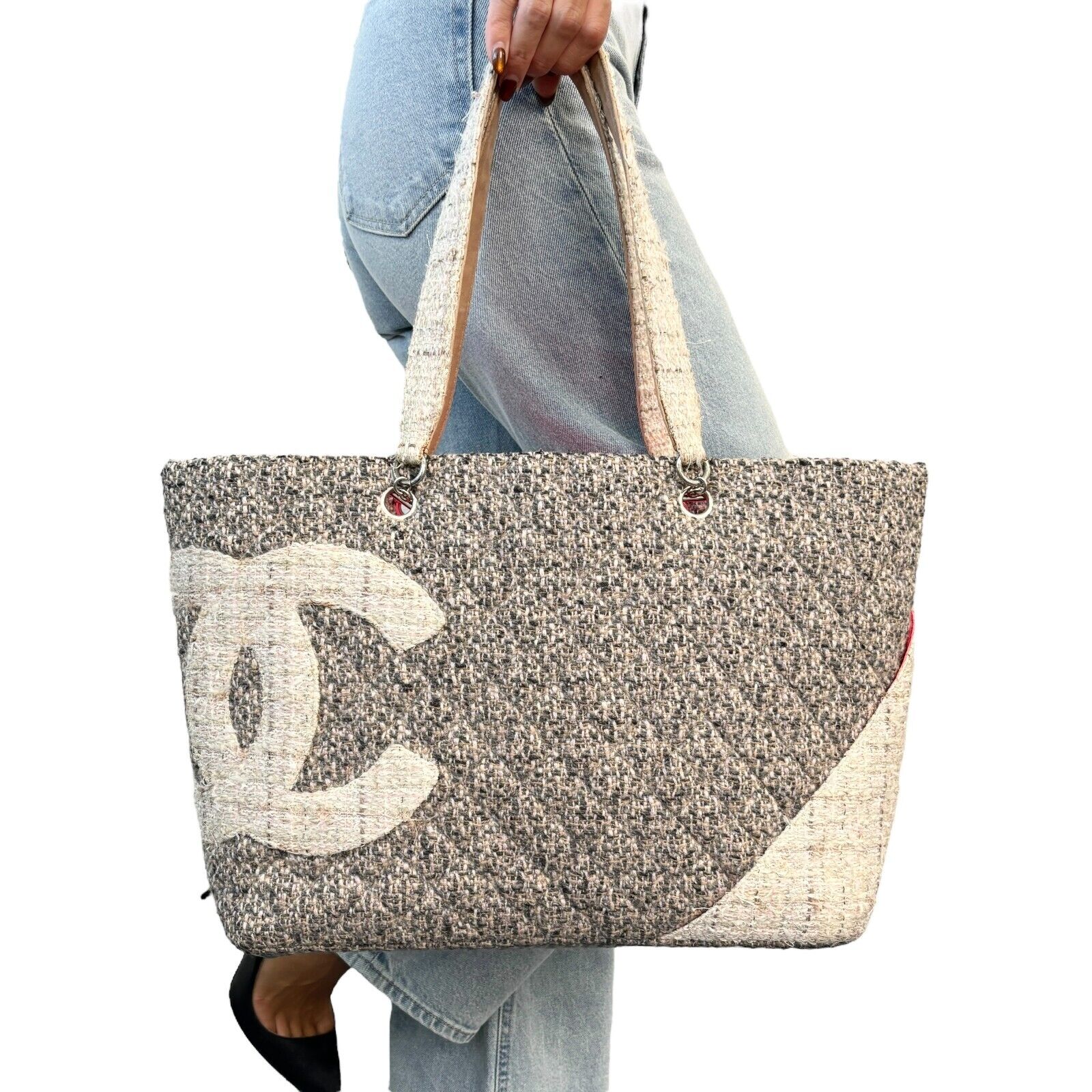 CHANEL Vintage Big CC Logo Cambon Line Tweed Tote Bag Gray Pink Wool Rank AB