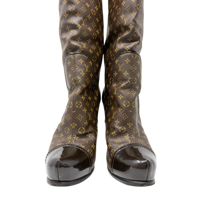 LOUIS VUITTON Vintage LV Monogram Long Boots #36.5 Heels Brown Black 902562