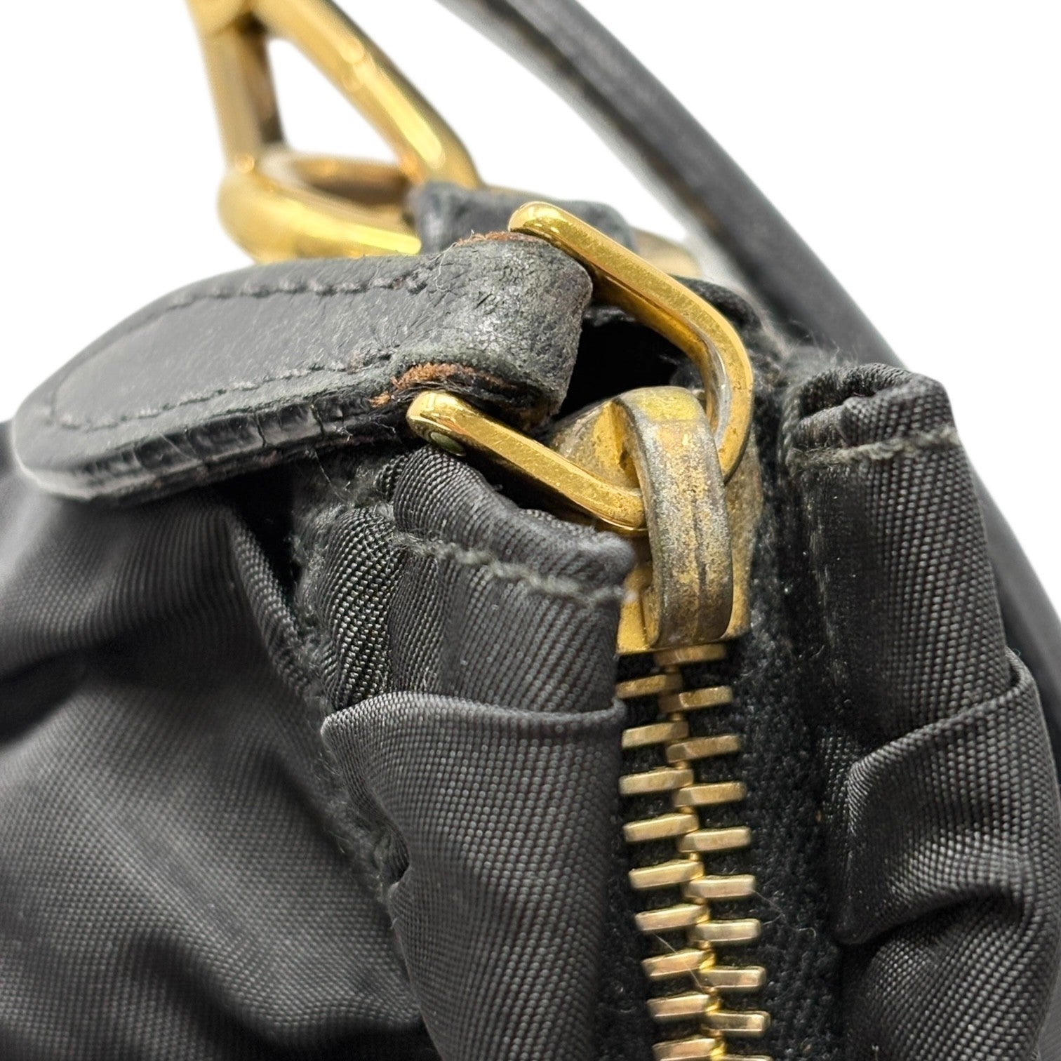 PRADA Vintage Logo Black Gathered Nylon Shoulder Mini Bag Gold Ribbon Leather