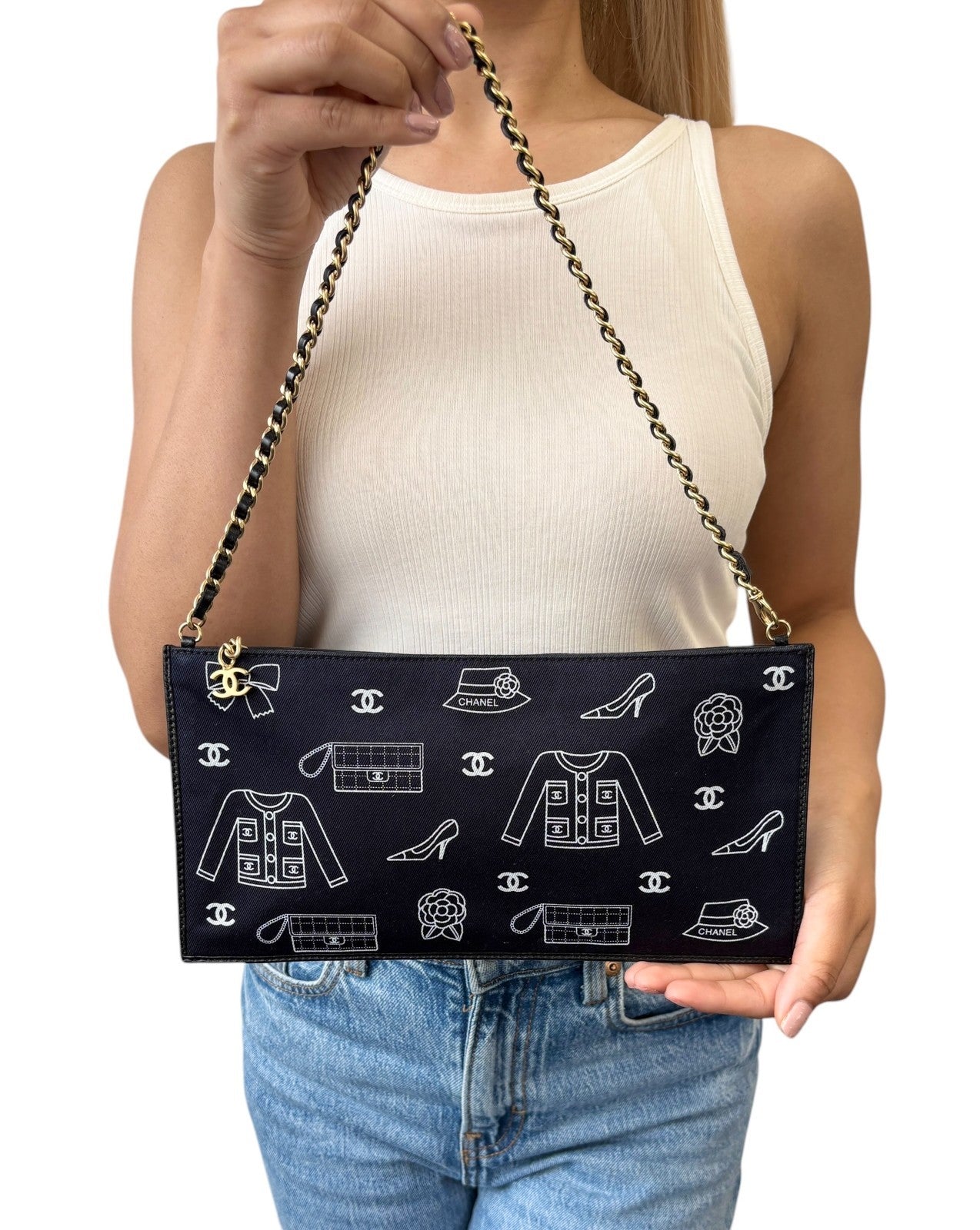 CHANEL Vintage CC Logo Icon Print Canvas Shoulder Bag Pochette Dark Blue Chain