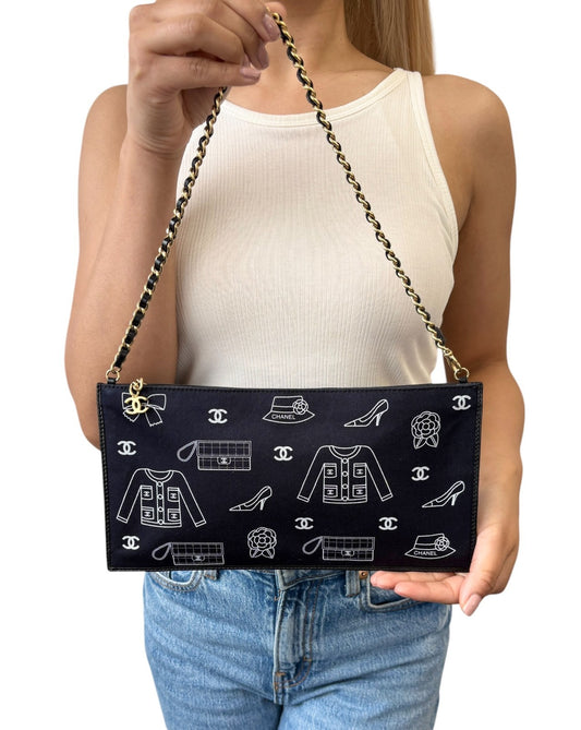 CHANEL Vintage CC Logo Icon Print Canvas Shoulder Bag Pochette Dark Blue Chain