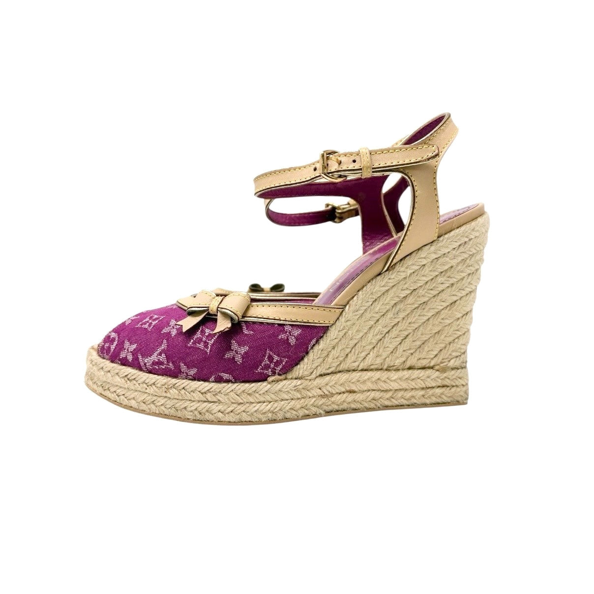 LOUIS VUITTON Vintage LV Logo Monogram Sandals #37.5 Pink Beige Canvas