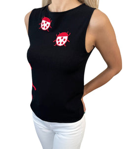 CHANEL Vintage 04P CC Mark Logo Ladybugs Knit Tank Top Black White Cotton