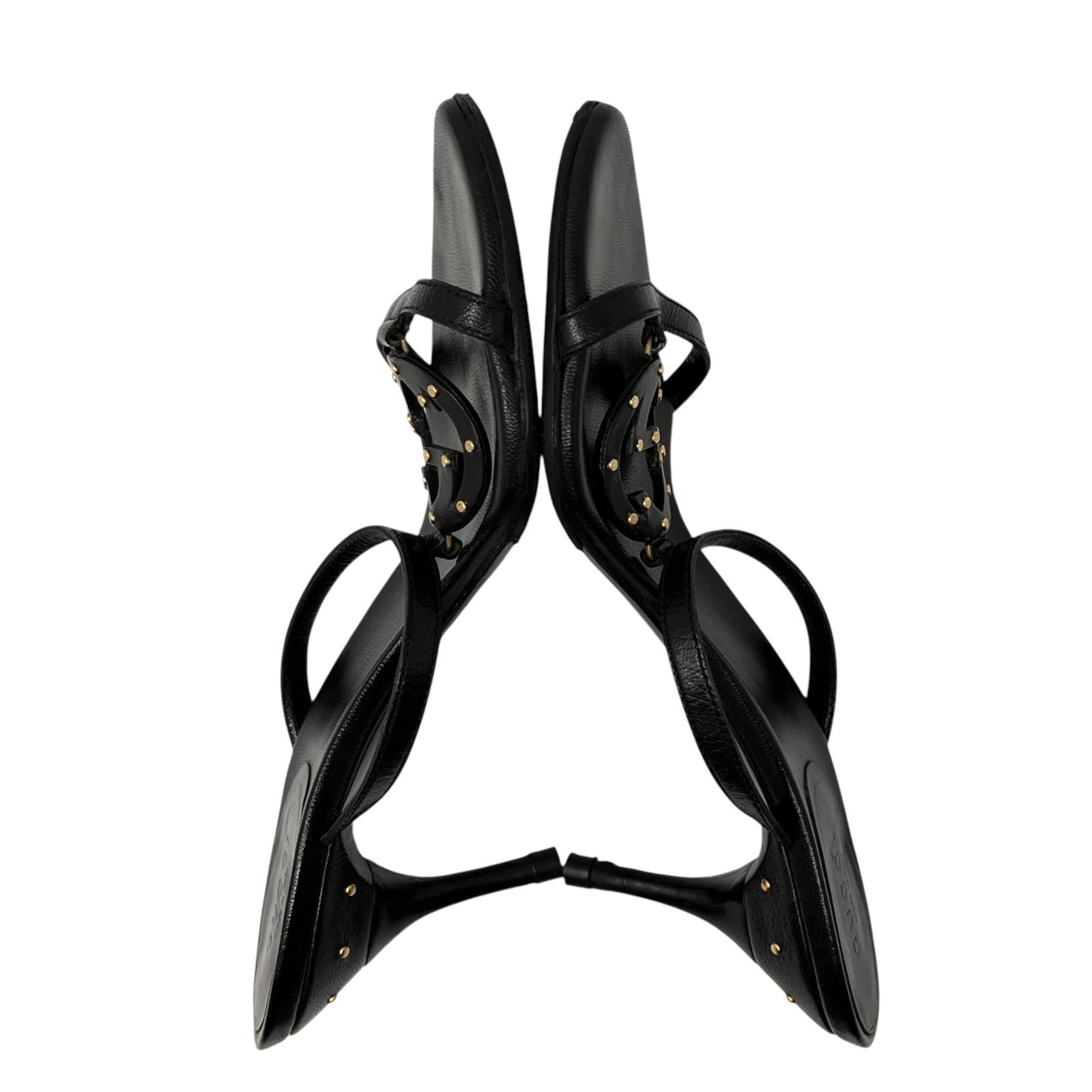 GUCCI Vintage GG Logo Slide Sandals Heels #36 Studs Stiletto Black Gold Leather