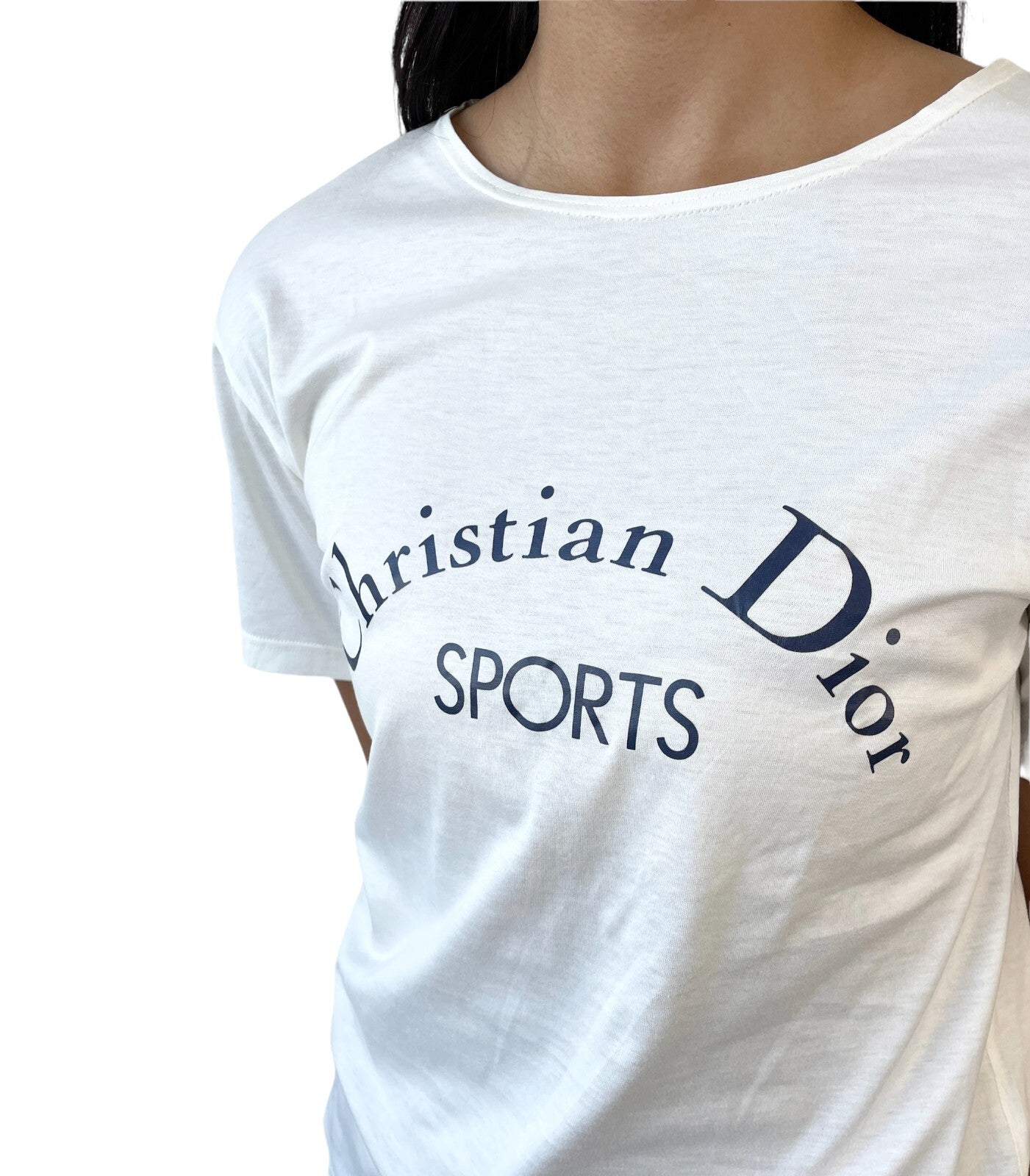 Christian Dior Sports Vintage Big Logo T-shirt Top #M White Dark Blue Cotton