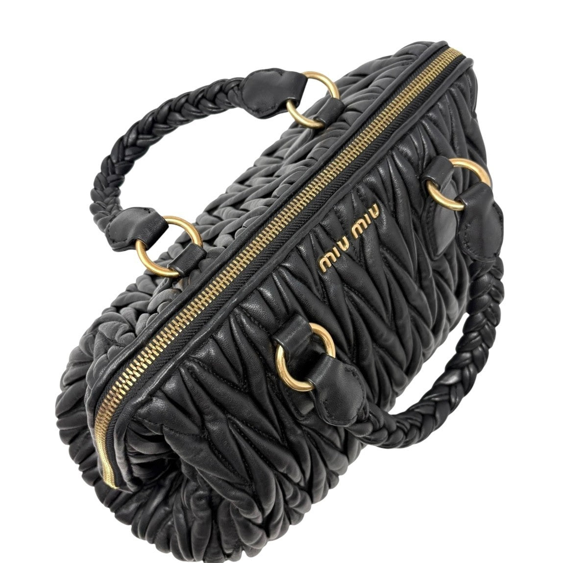 Miu Miu Vintage Quilted Tote Top Handle Bag Black Gold Leather Zip 902310