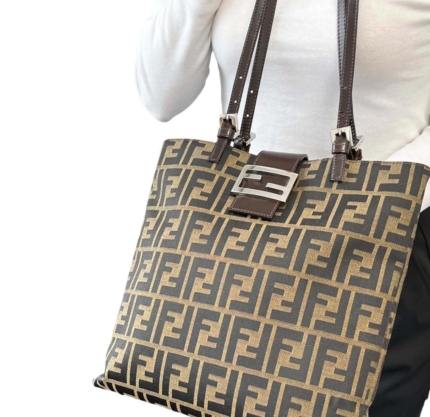 FENDI Vintage Zucca Logo Monogram Canvas Tote Shoulder Bag Leather Brown Silver