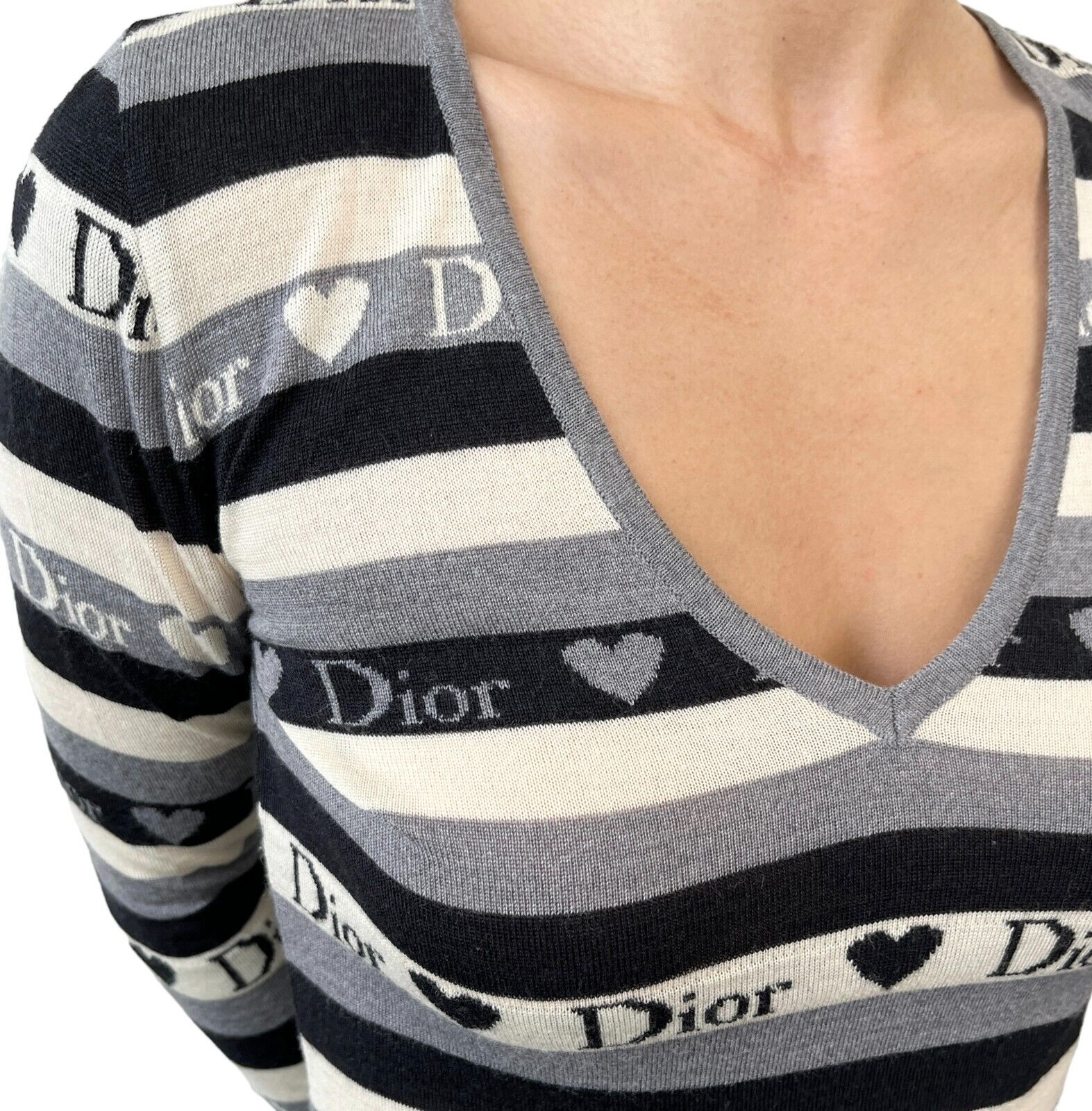 Christian Dior Vintage Logo Knit Top #42 Gray Black Heart Wool Stripe Rank B