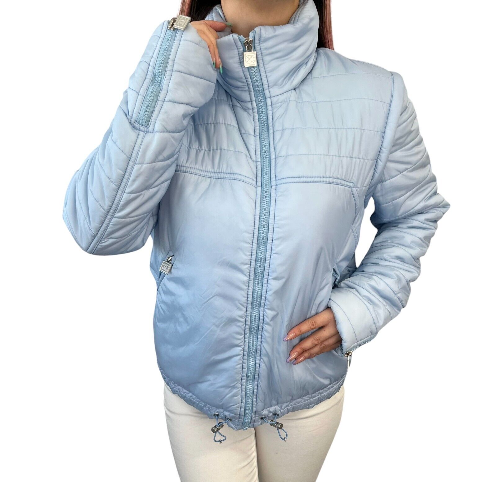 CHANEL Sport Vintage 05A Coco Mark Logo Puffer Jacket #40 Light Blue RankAB