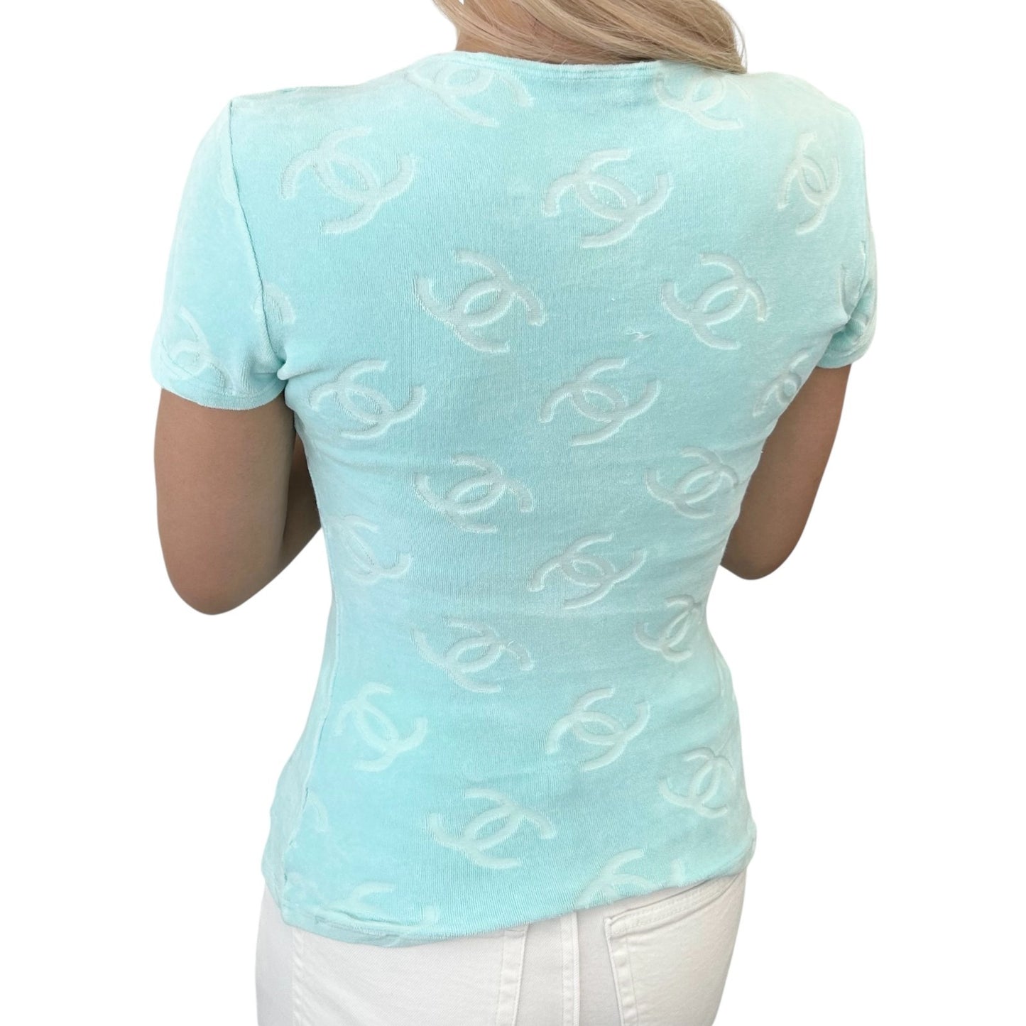 CHANEL Vintage 1996 CC Mark Logo Velour T-shirt #34 Short Sleeve Top Blue