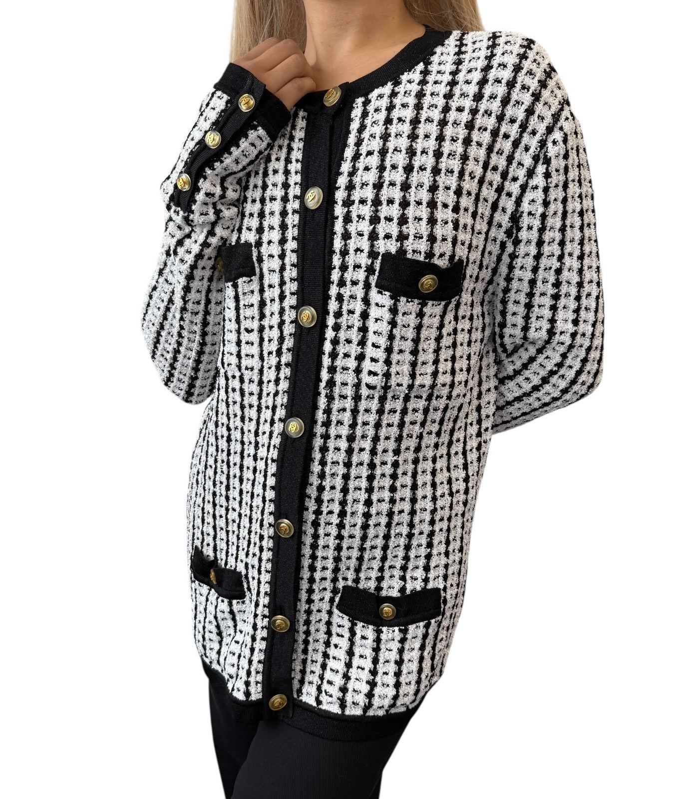 CHANEL Vintage 97P CC Logo Button Tweed Cardigan Sweater Top Black White