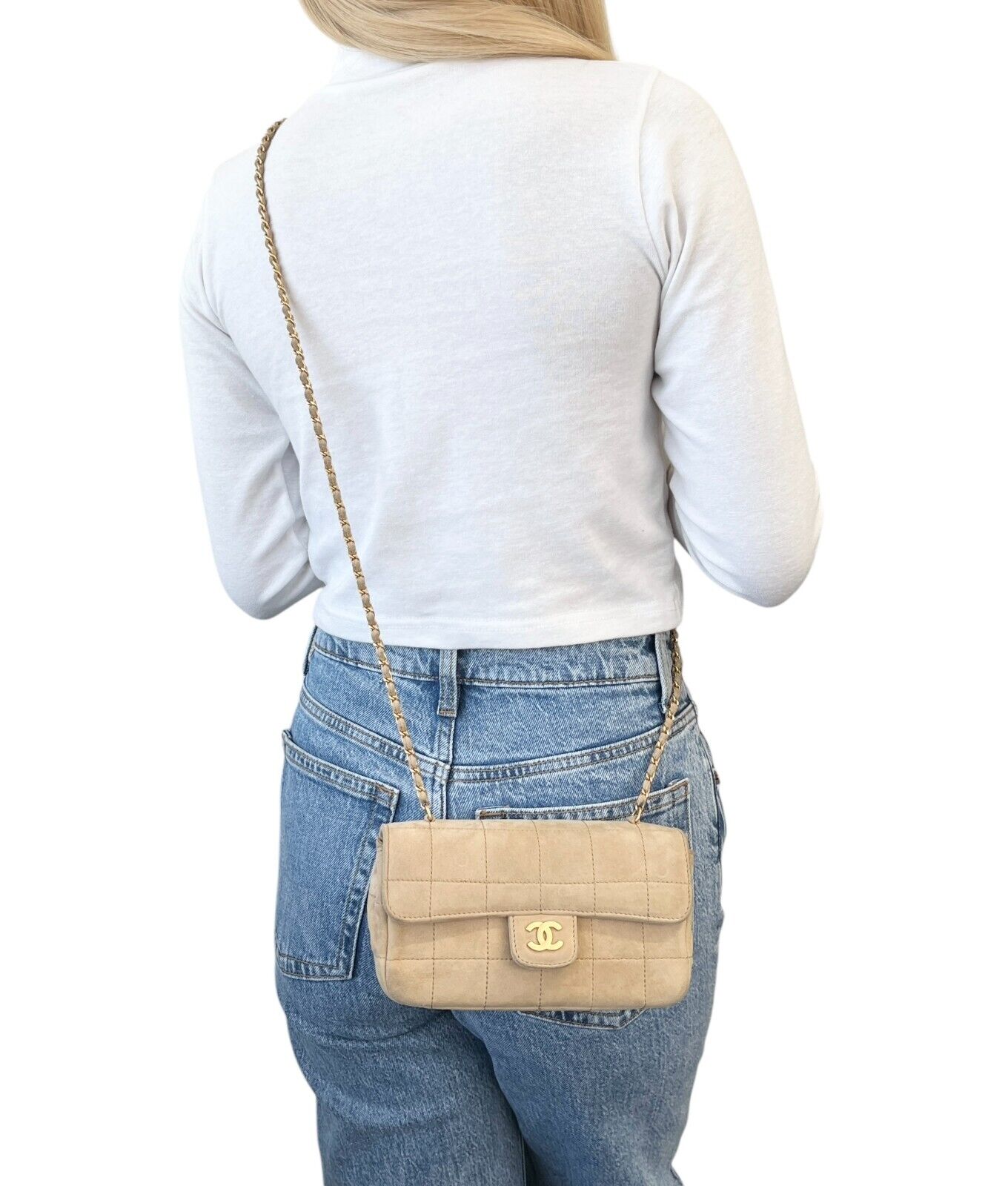 CHANEL Vintage CC Logo Chocolate Bar Crossbody Bag Chain Beige Gold Suede