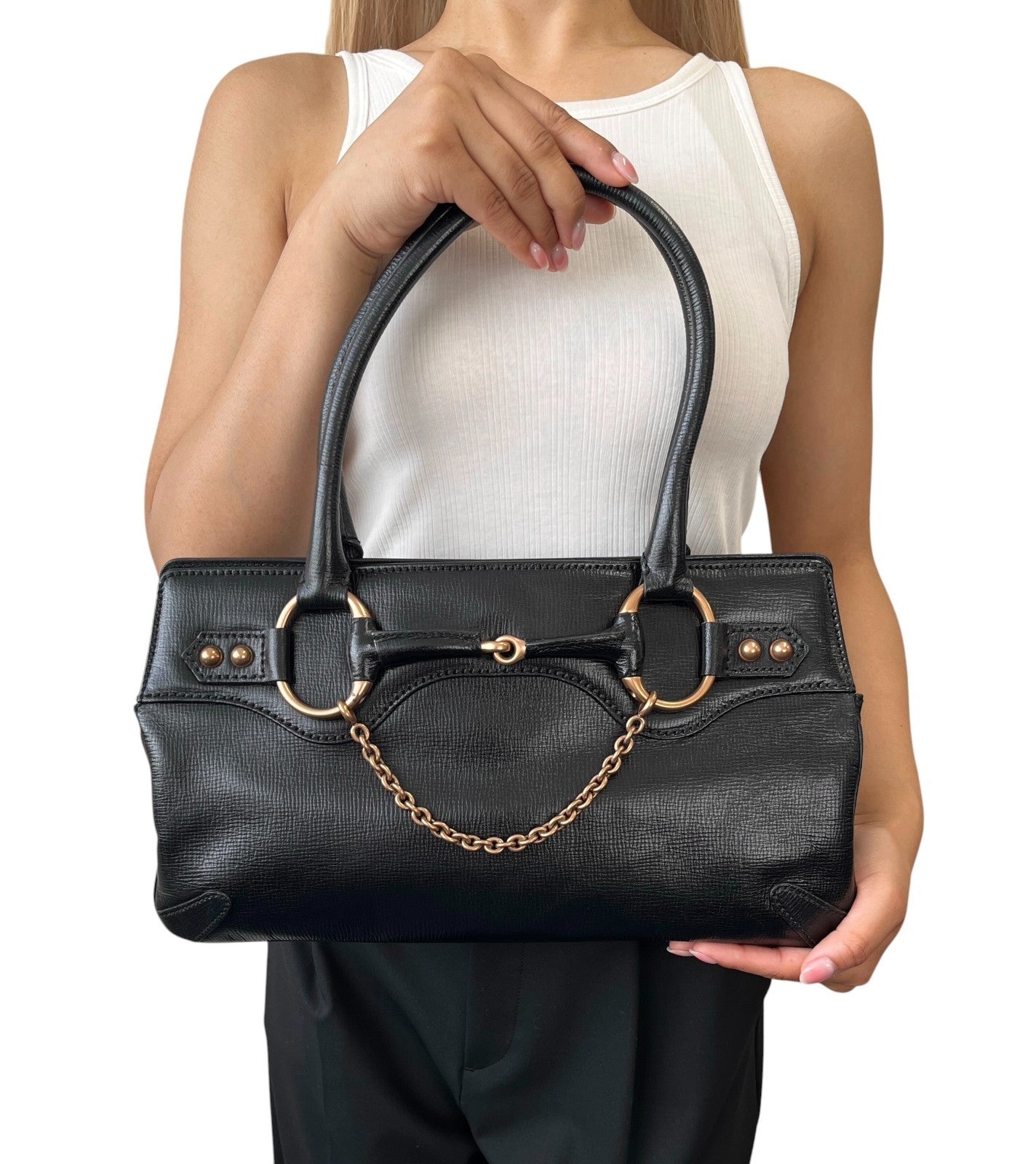 GUCCI Vintage Horsebit Chain Shoulder Tote Bag Black Gold Leather 902057