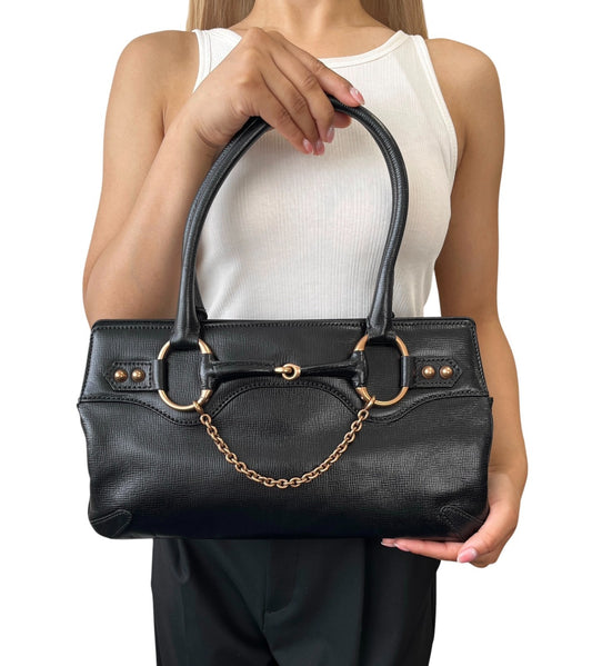 GUCCI Vintage Horsebit Chain Shoulder Tote Bag Black Gold Leather 902057