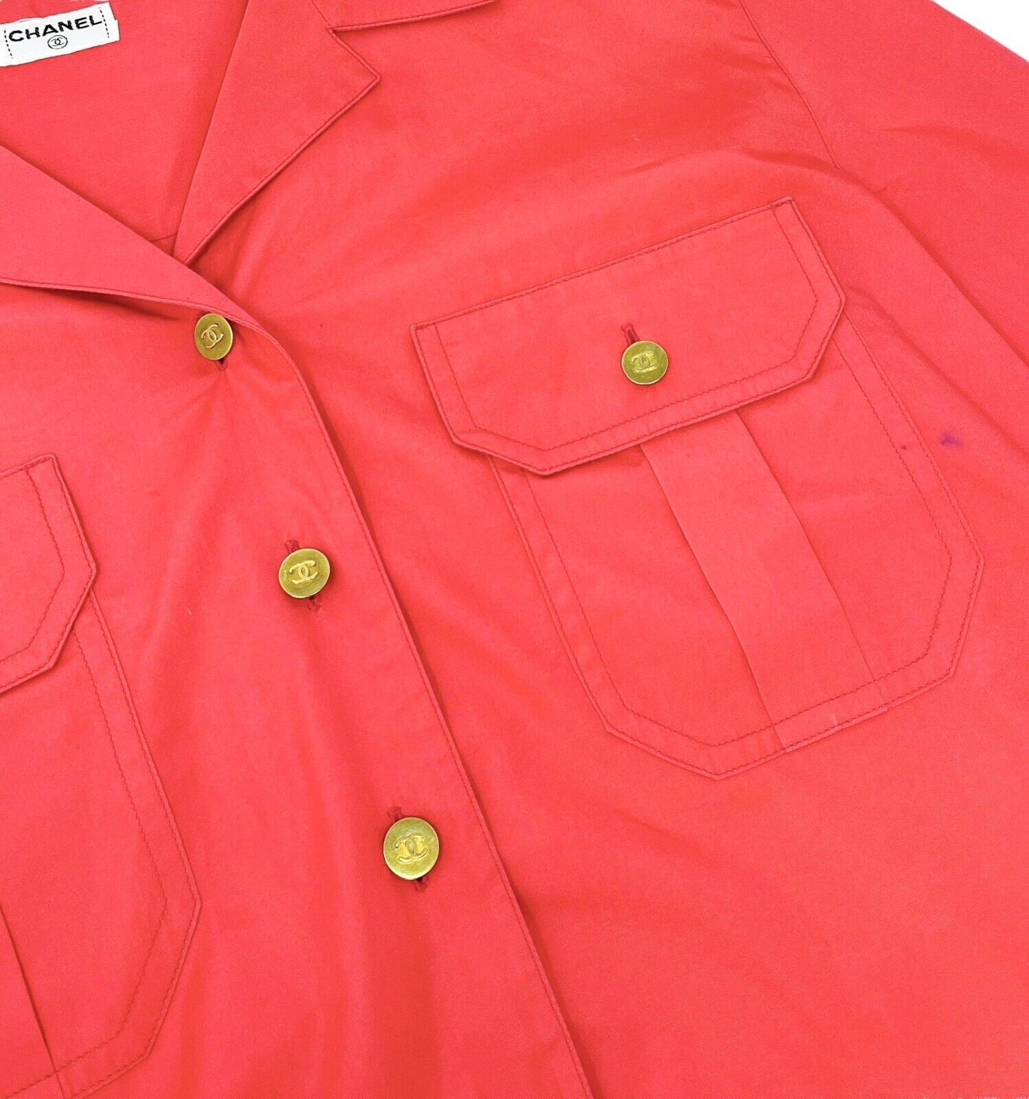 CHANEL Vintage CC Mark Gold Button Shirt Top Pocket Red Cotton Rank AB