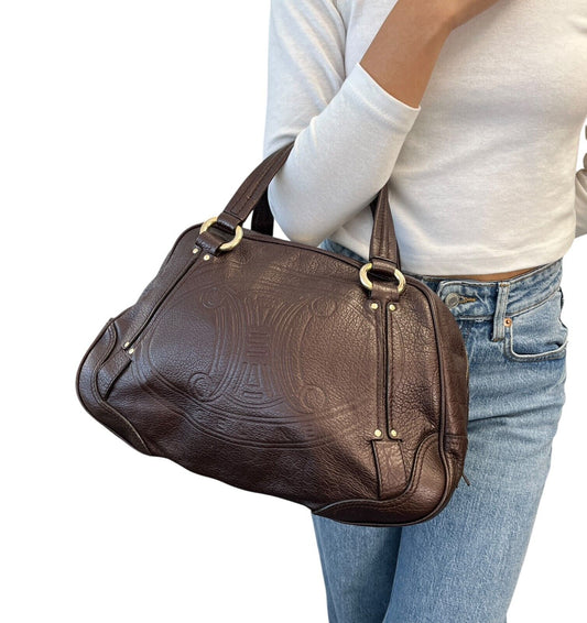 CELINE Vintage Macadam Big Logo Tote Bag Brown Gold Leather Nylon Zip