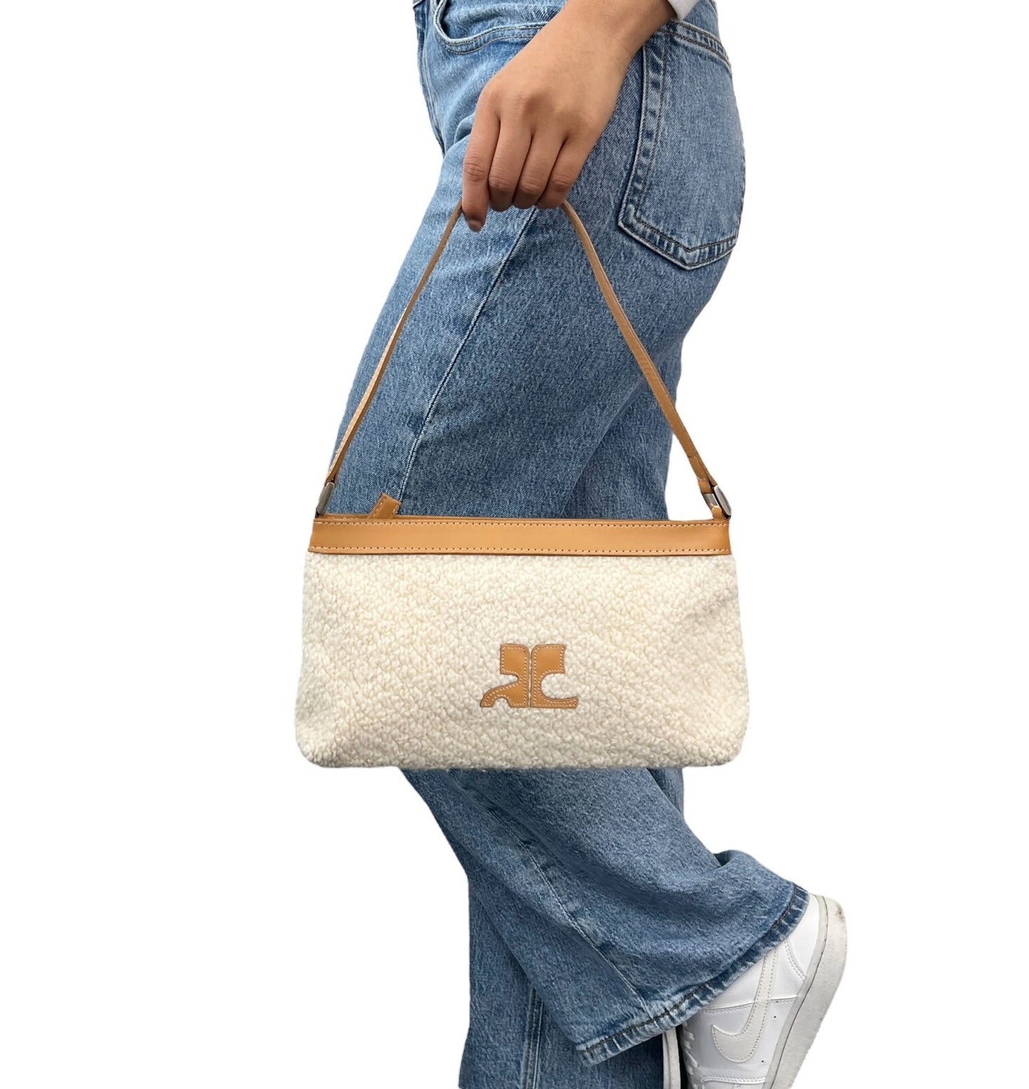 Courreges Vintage Logo Stitch Shoulder Bag Cream Brown Acrylic Leather Rank AB