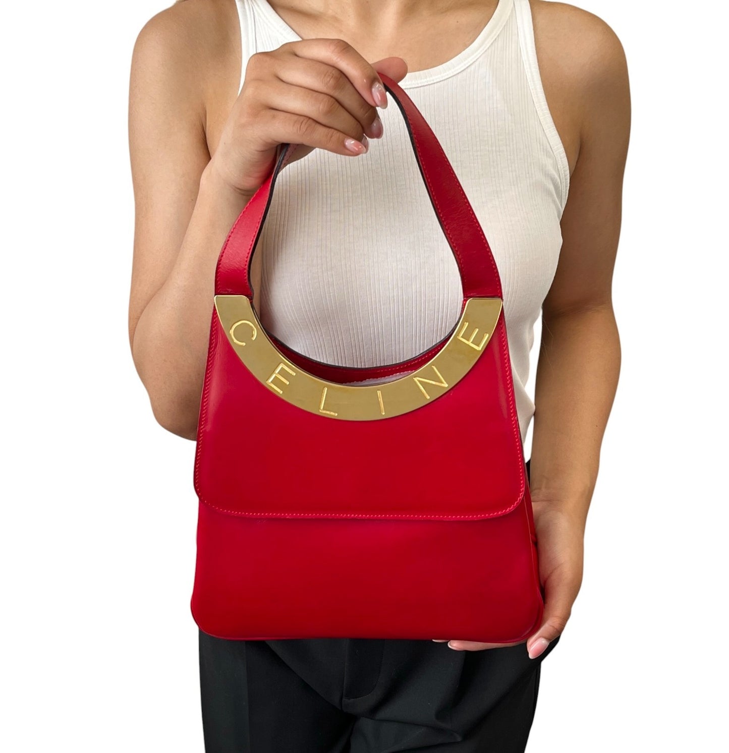 CELINE Vintage Logo Circle Flap 2way Shoulder Bag Red Gold Leather 902080