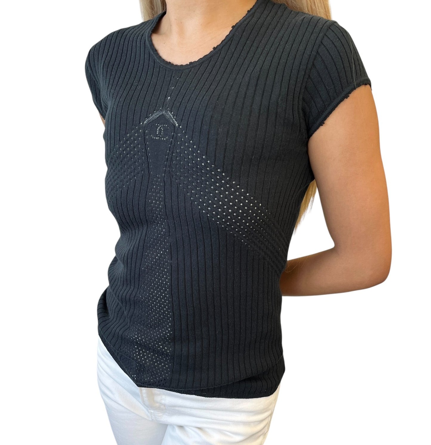 CHANEL Vintage 04P CC Logo Punching Knit Top T-shirt #38 Black Short Sleeve