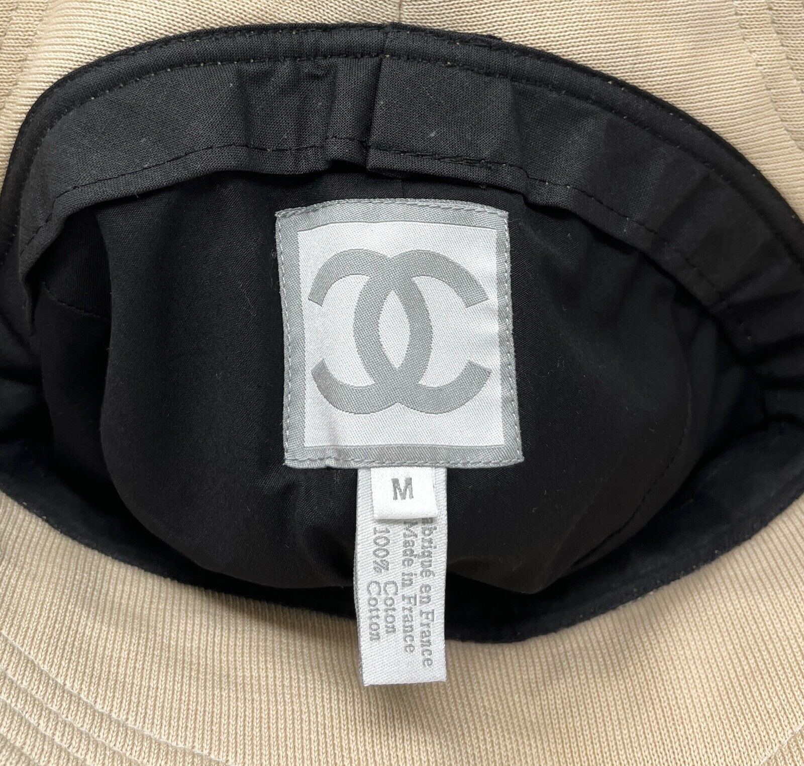 CHANEL Sport Vintage 03A CC Logo Bucket Hat #M Beige Black Cotton Rank AB