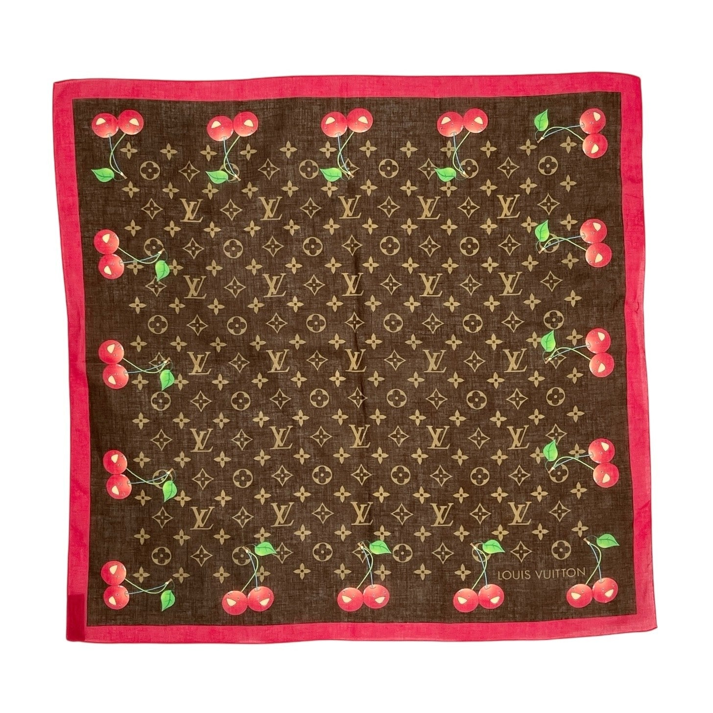 LOUIS VUITTON Vintage LV Monogram Cherry Scarf Wrap Takashi Murakami Brown Red