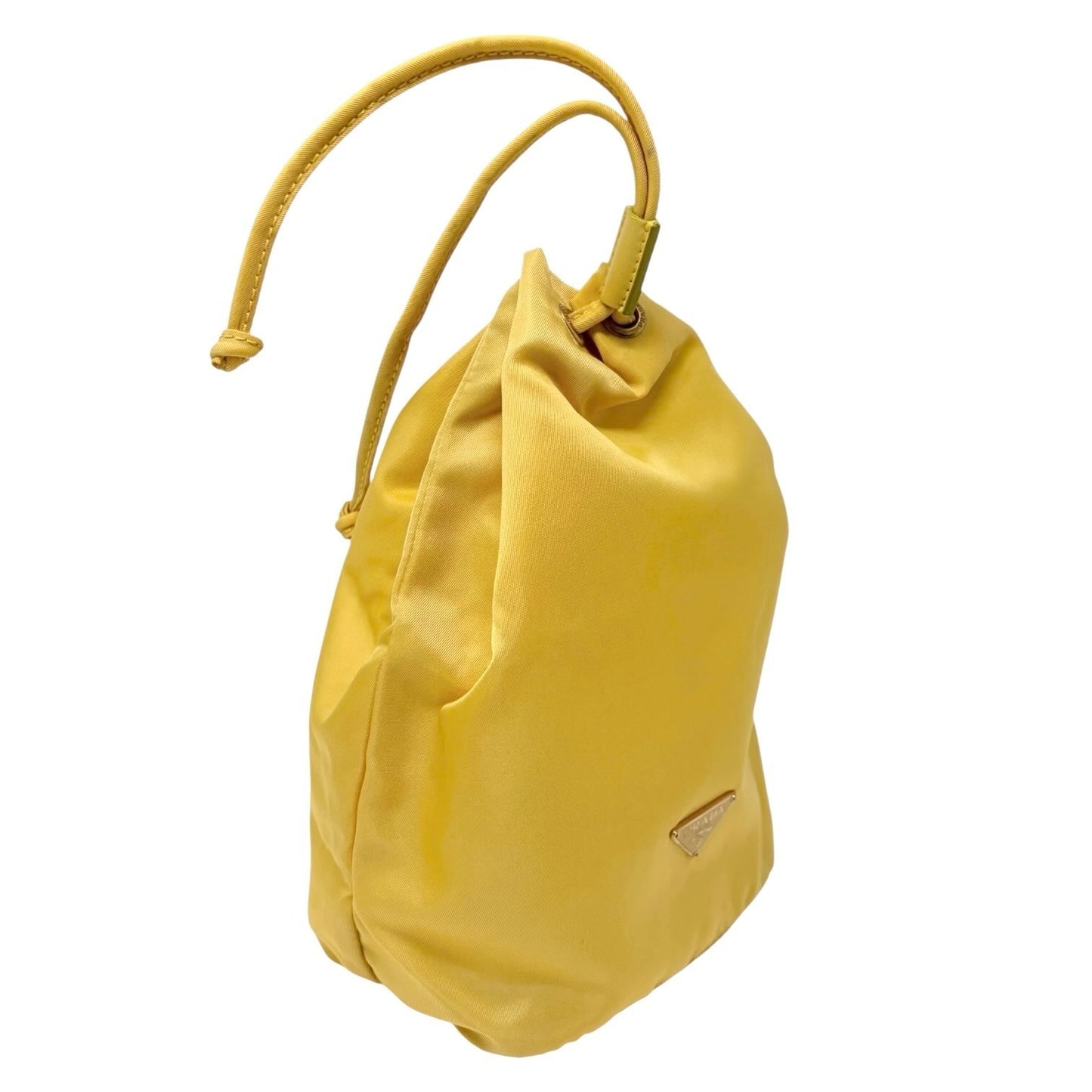 PRADA Vintage Triangle Logo Drawstring Bag Handbag Pouch Yellow Nylon
