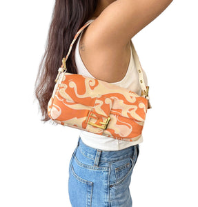 FENDI Vintage Logo Mamma Baguette Shoulder Bag Orange Cotton Blend Wave Rank B