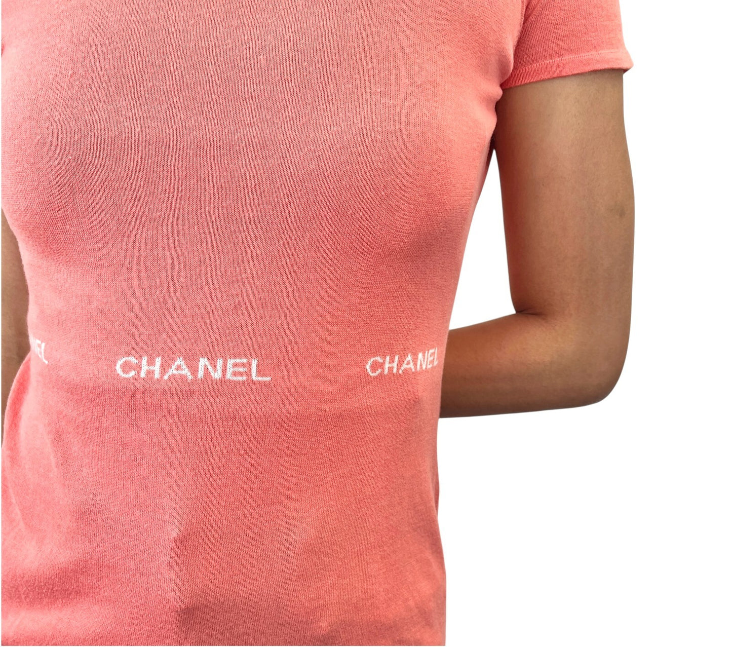 CHANEL Vintage 04P CC Logo Knit Top #38 Pink Orange Short Sleeve Round Neck