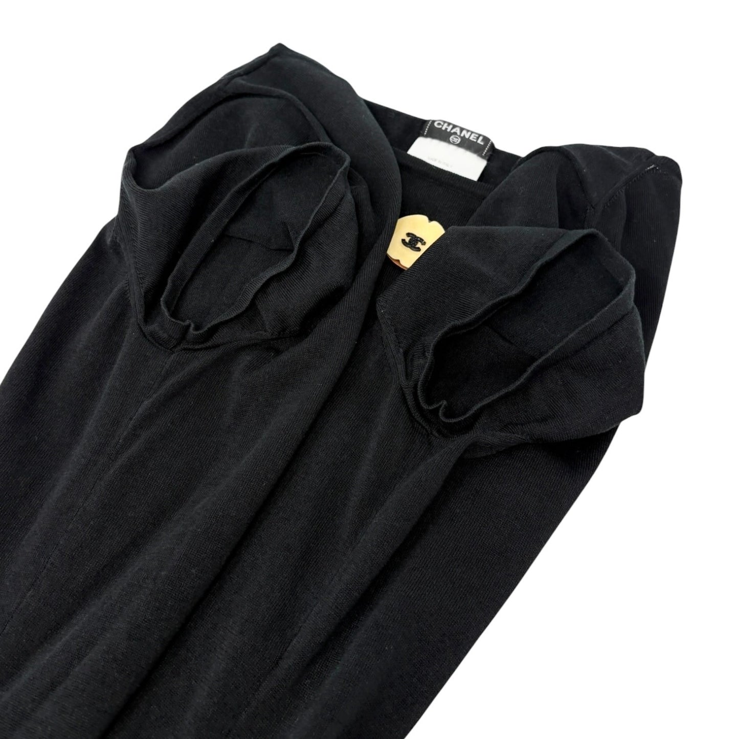CHANEL Vintage P40798 CC Logo Camelia Knit T-shirt Top #42 Black White 901832