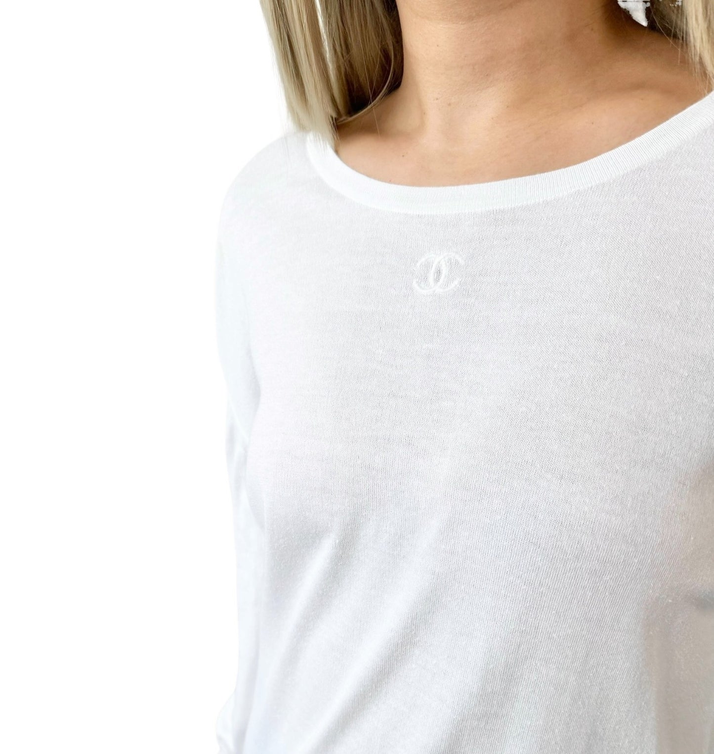 CHANEL Vintage CC Logo Long Sleeve Knit Sweater Top White Cotton 106972