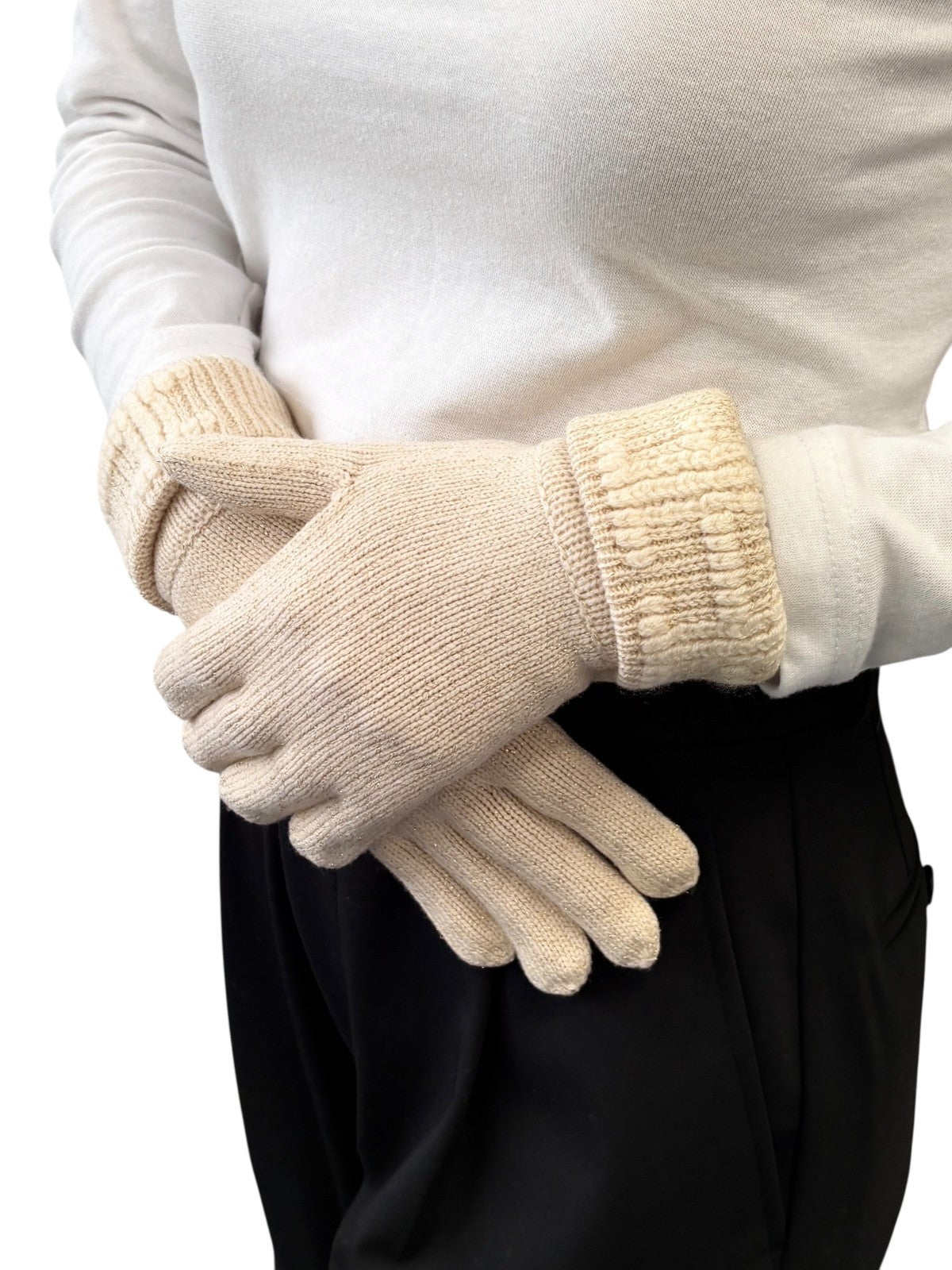 HERMES Vintage H Logo Embroidery Cashmere Ribbed Knit Gloves Glitter Beige Gold