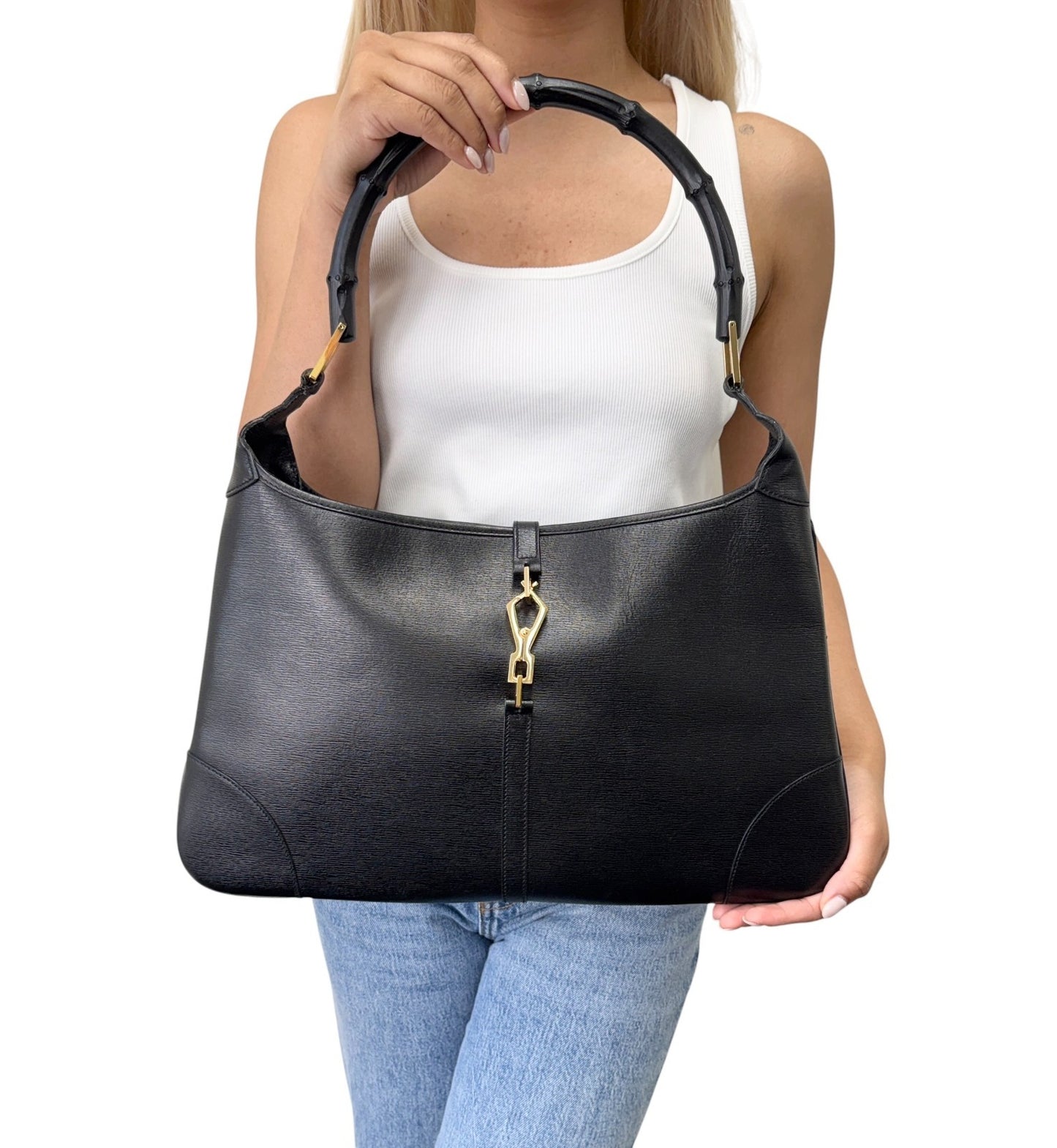 GUCCI Vintage Bamboo Jackie Hobo Shoulder Bag Black Gold Leather 902435