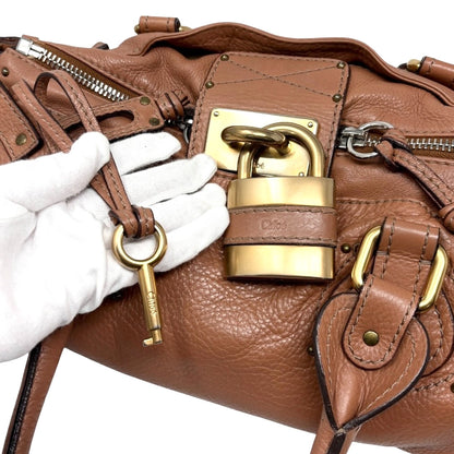 Chloe Vintage Paddington Padlock Key Boston Bag Leather Brown Gold 902318