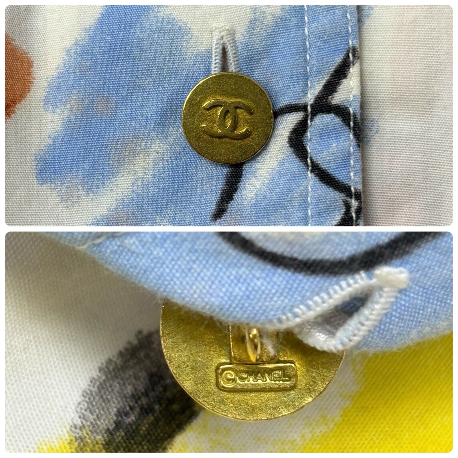 CHANEL Vintage 1995 CC Logo Multicolor Shirt Long Sleeve Top Cotton White Gold
