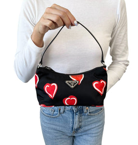 PRADA Vintage Logo Heart Pattern Shoulder Bag Pochette Black Red Nylon