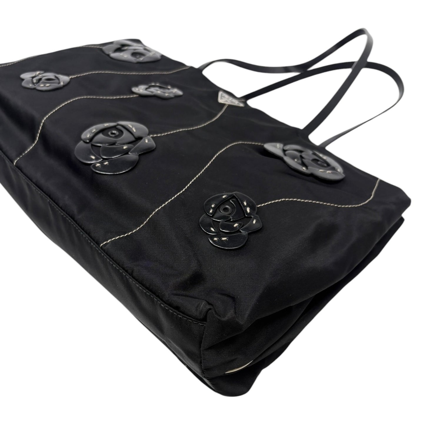 PRADA Vintage Logo Tessuto Nylon Fiori Shoulder Bag Black Gold Rose Leather