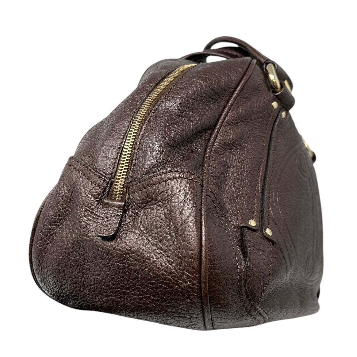 CELINE Vintage Macadam Big Logo Tote Bag Brown Gold Leather Nylon Zip