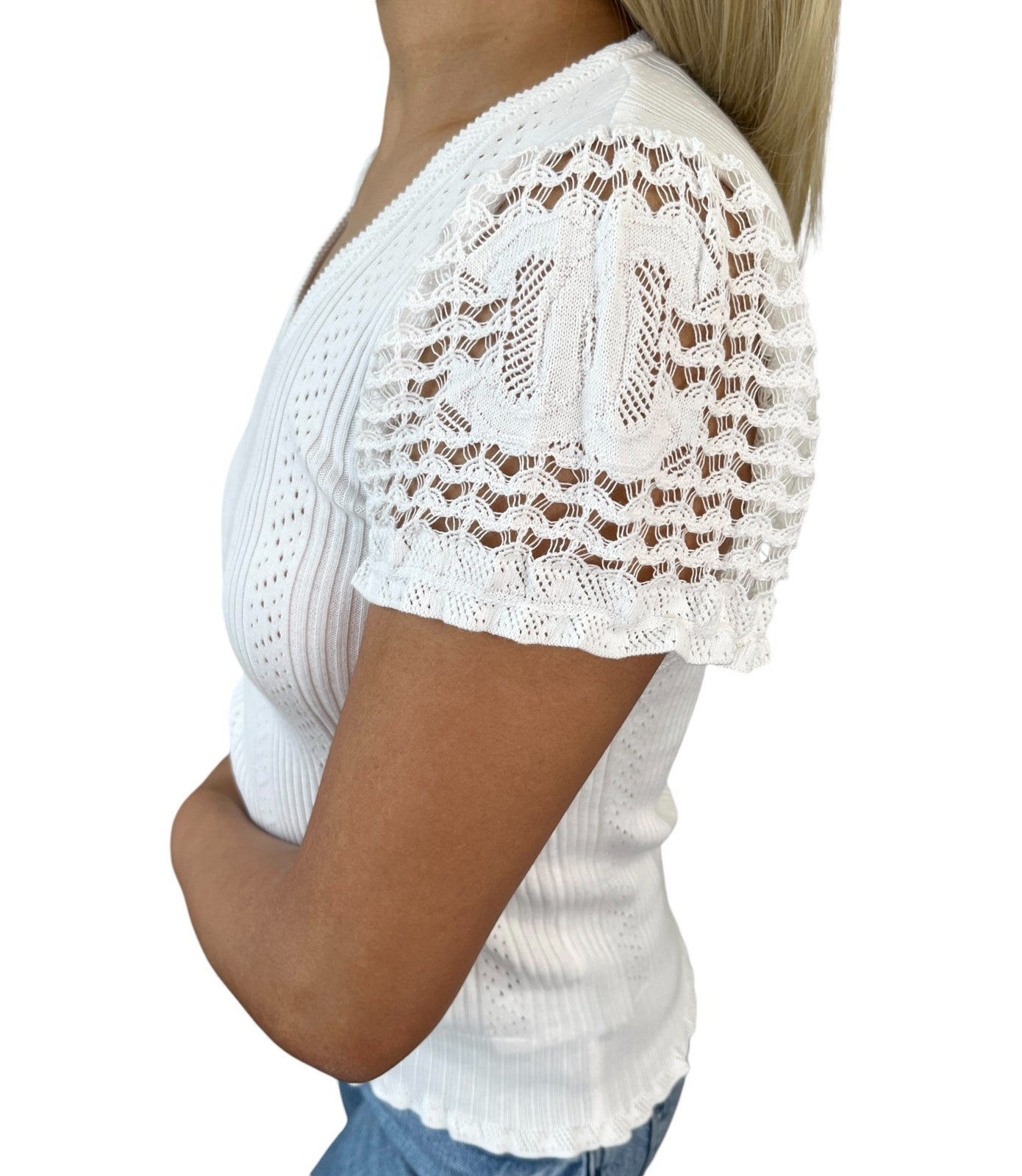 CHANEL Vintage 05C CC Logo Rib Lace T-shirt Top White Cotton Pockets 106999