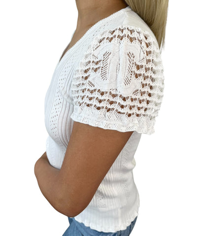 CHANEL Vintage 05C CC Logo Rib Lace T-shirt Top White Cotton Pockets 106999